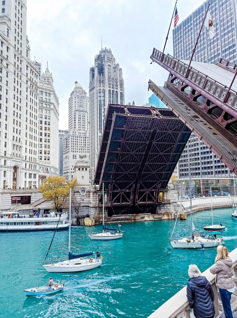 chicago, city, building, bridge, boat, modern, lake, structure, united states, nature, illinois, water, skyscraper, city centre, travel, transport, traffic, the scenery