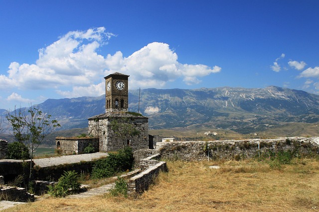 sky, nature, travel, architecture, landscape, outdoors, mountain, tower, albania, gjirokaster