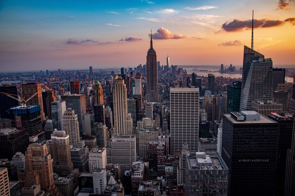sunset, manhattan, city, skyline, architecture, usa, america, cityscape, nyc, travel, new, skyscraper, downtown, york, view, new york city, dusk, empire, state, empire state building, panoramic, nature, skyscrapers, scenic, yellow, orange