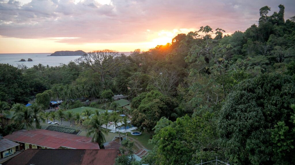 costa rica, manuel antonio, ocean, pacific, tropical, sea, nature, travel, scenic, coast, landscape, trees, summer, water, sky, tourism, sunset