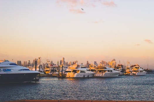 Stunning view of yachts moored in Panama City's marina with a beautiful sunset backdrop.
