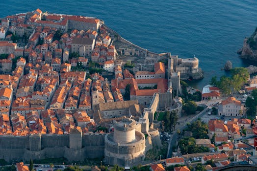 Stunning aerial view of the historic Dubrovnik Old Town and its city walls by the Adriatic Sea.
