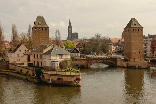 View of the Ponts Couverts and River Ill in Strasbourg, France.