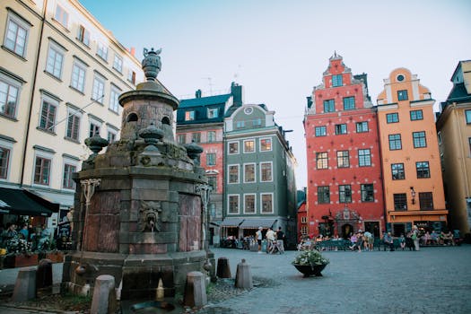 Charming view of Stortorget, Stockholm with historic colorful buildings and fountain.