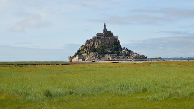 Stunning landscape of Le Mont-Saint-Michel, a historic island commune in Normandy, France.